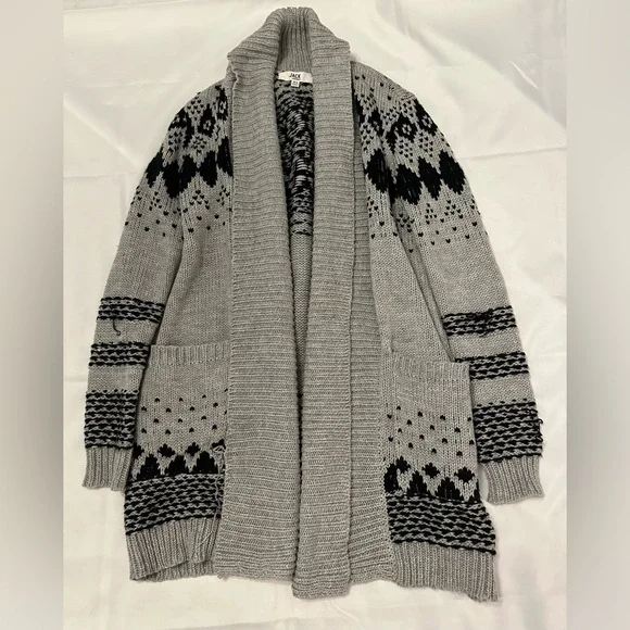 BB Dakota Cardigan Sweater fair isle print black/gray loose fitting - Picture 1 of 6